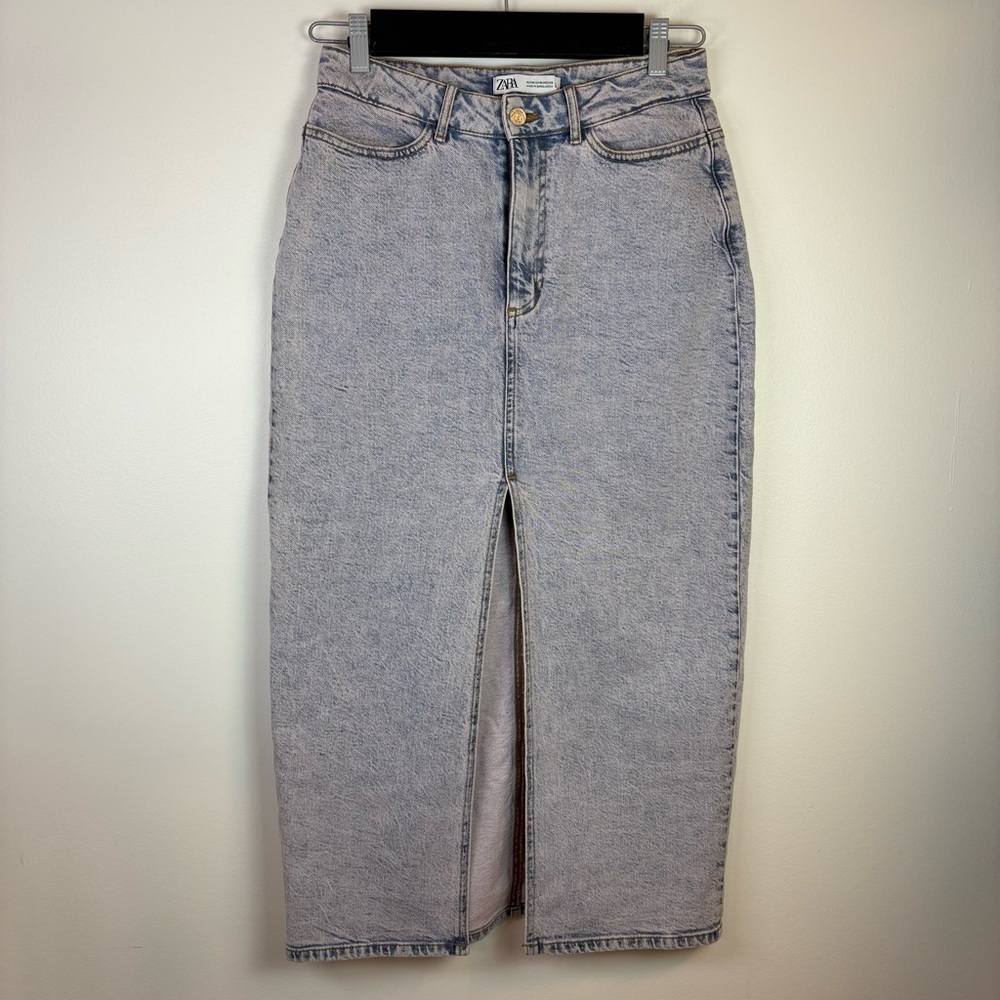 Zara Women’s Long Denim Skirt, Size Medium, Blue with Pink Undertone